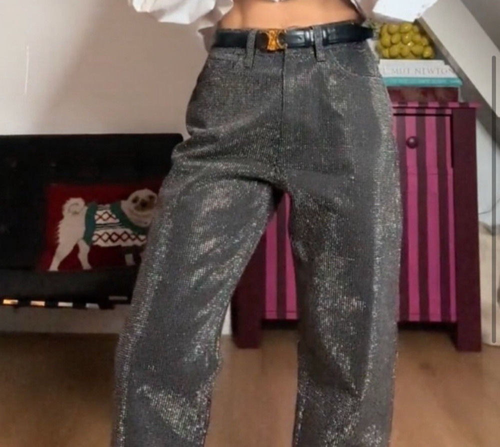 Zara Pants Womens Size 2 Straight Cut Rhinestone Jeans Black Festival Going Out